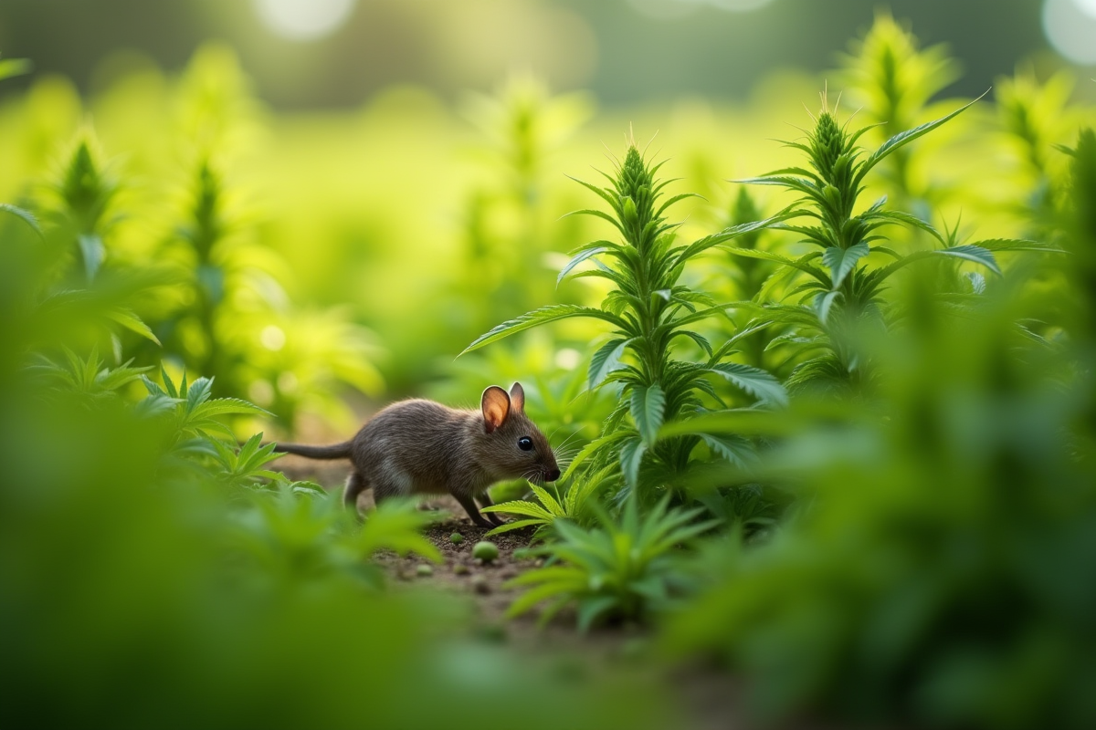 Champ de hemp vert avec des souris curieuses en journée