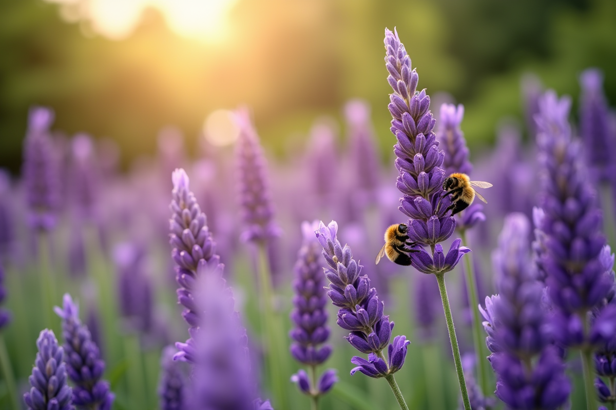 Champ de lavande en jardin avec abeilles et soleil