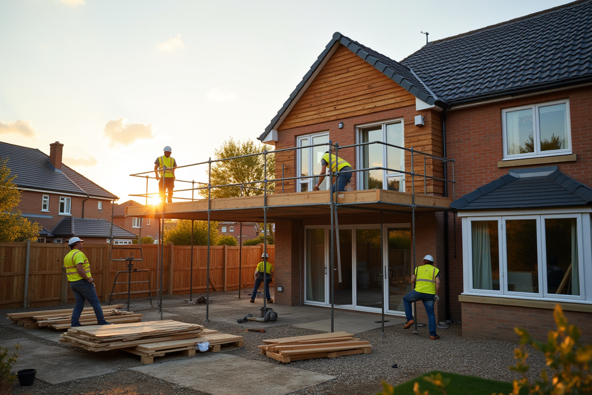 Travailleurs construisant une extension de maison dans un quartier résidentiel
