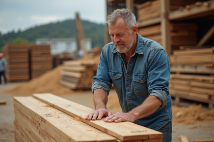 Charpentier homme examinant des planches de bois pour toiture