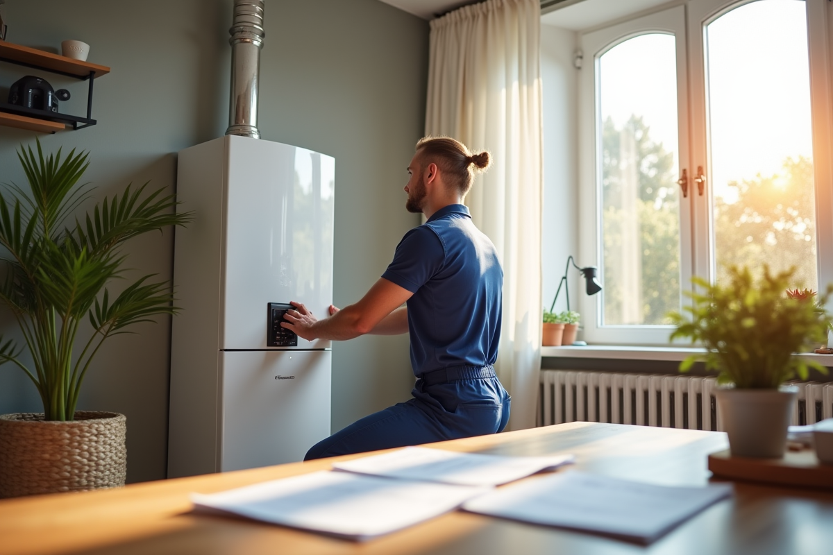 Installation moderne d'une chaudiere gaz par un professionnel dans une maison lumineuse