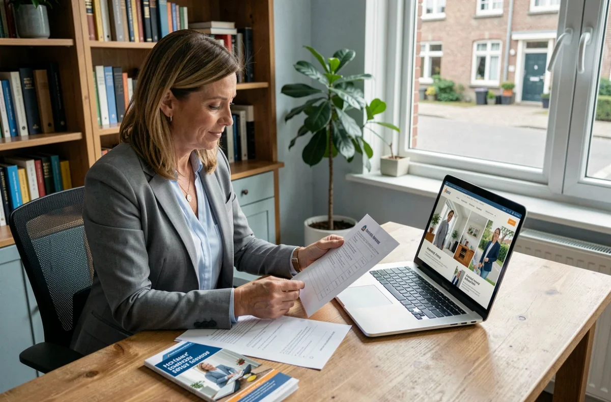 Femme comparant des prestataires d'aide ménagère en ligne depuis son bureau à domicile à Arras