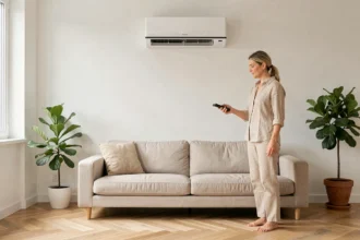 Femme réglant la télécommande d'un climatiseur split mural dans un salon moderne avec parquet en chêne