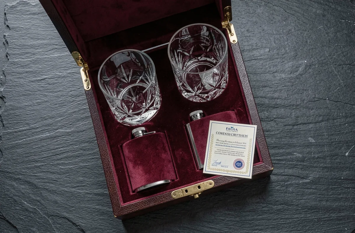 Vue de dessus d'un coffret whisky ouvert révélant deux verres en cristal, flasque gravée et certificat de qualité sur ardoise sombre