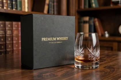 Coffret cadeau whisky premium avec verre en cristal sur une surface en bois sombre, détail des finitions dorées et de la gravure
