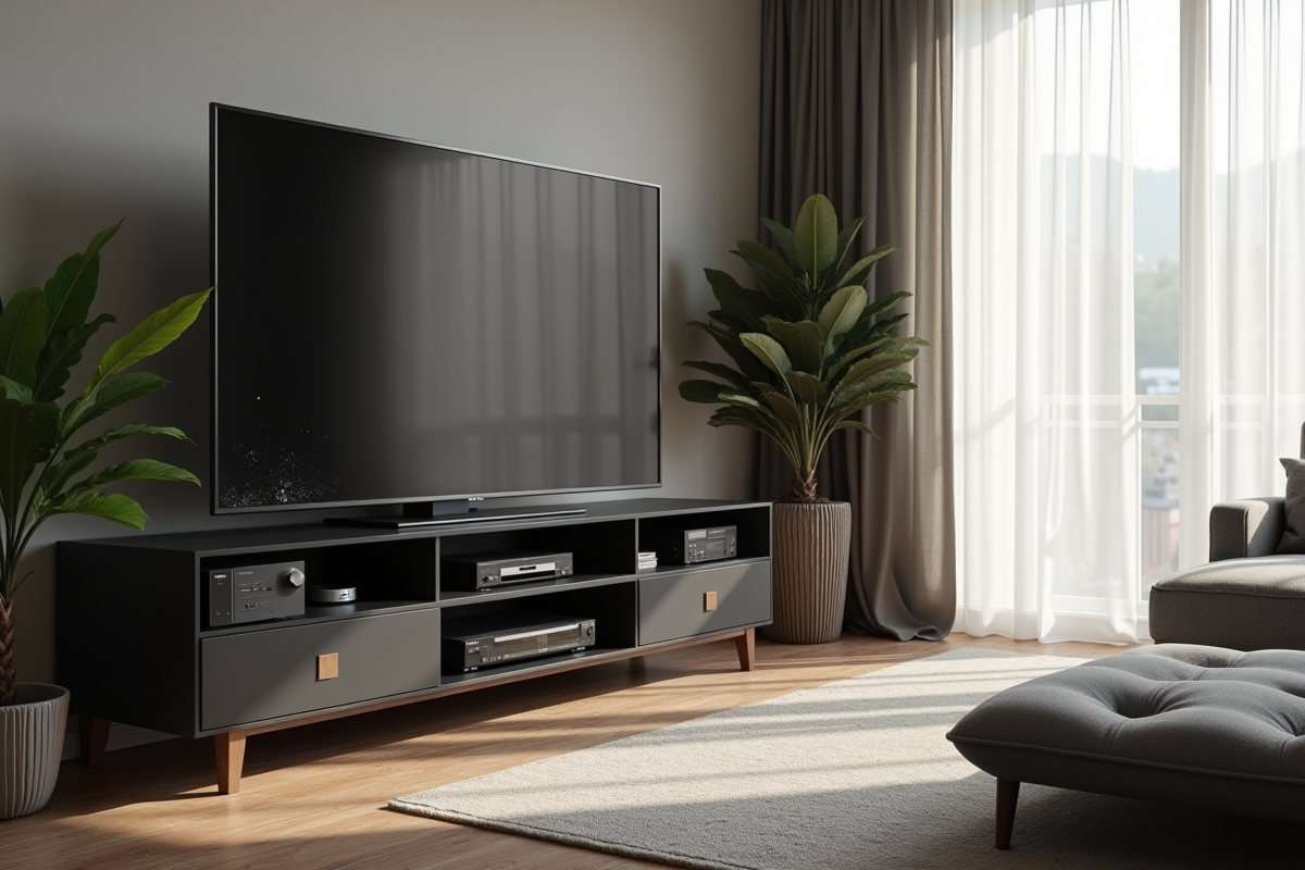 Coin inactif dans un salon moderne avec poussiere sur meuble TV