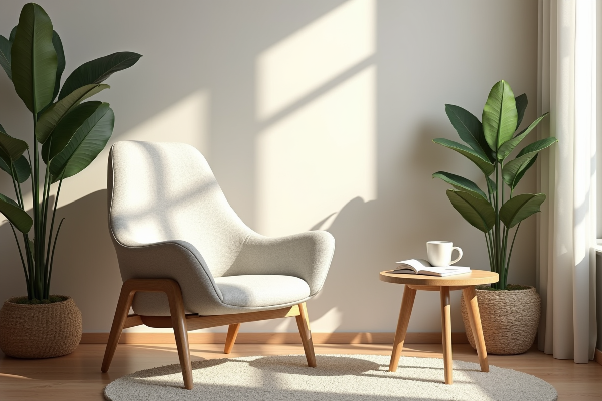 Coin lecture cosy avec fauteuil moderne et plante verte