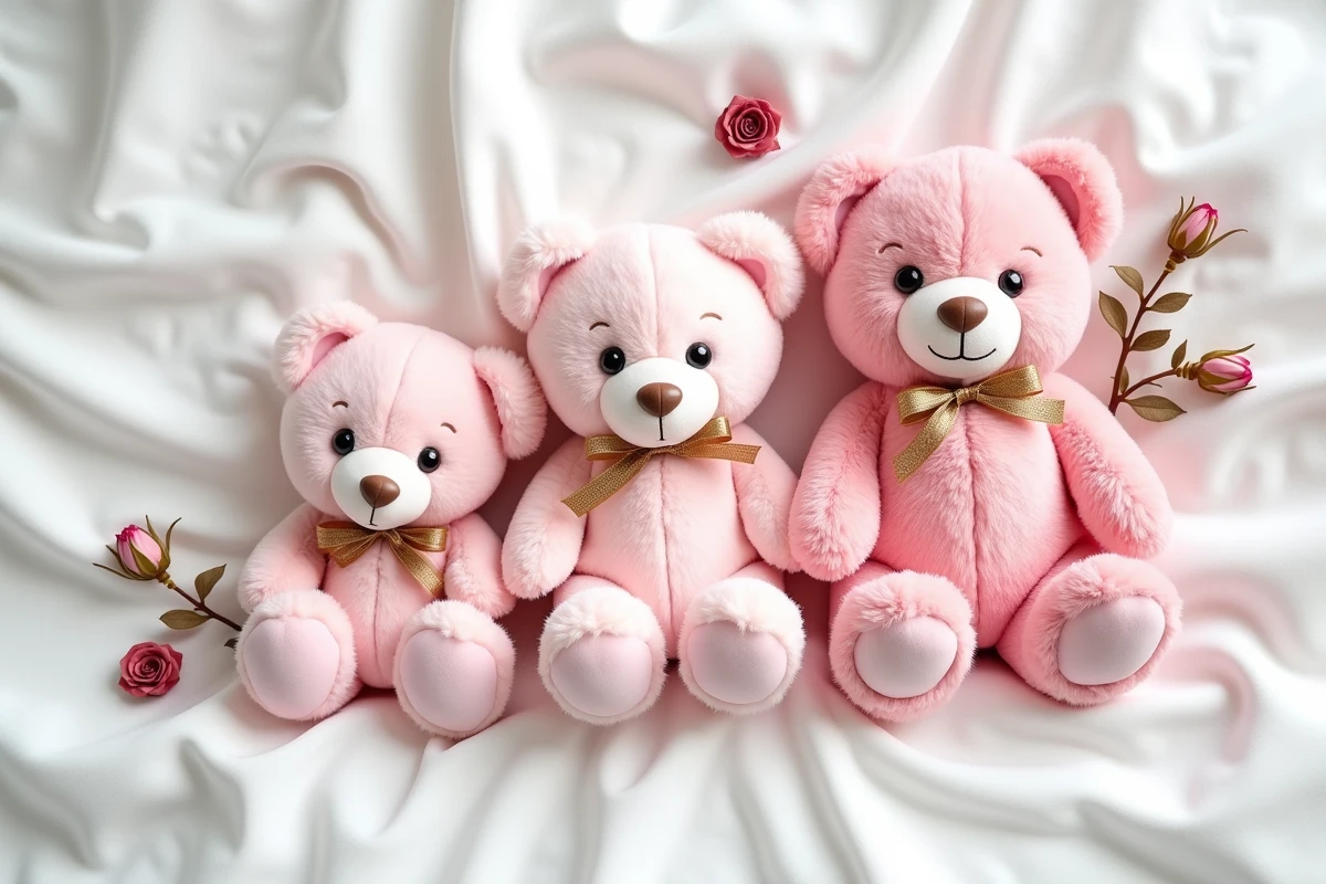 Trois oursons roses de tailles différentes disposés en flat lay sur un tissu blanc avec des boutons de roses séchées, pour choisir le cadeau parfait