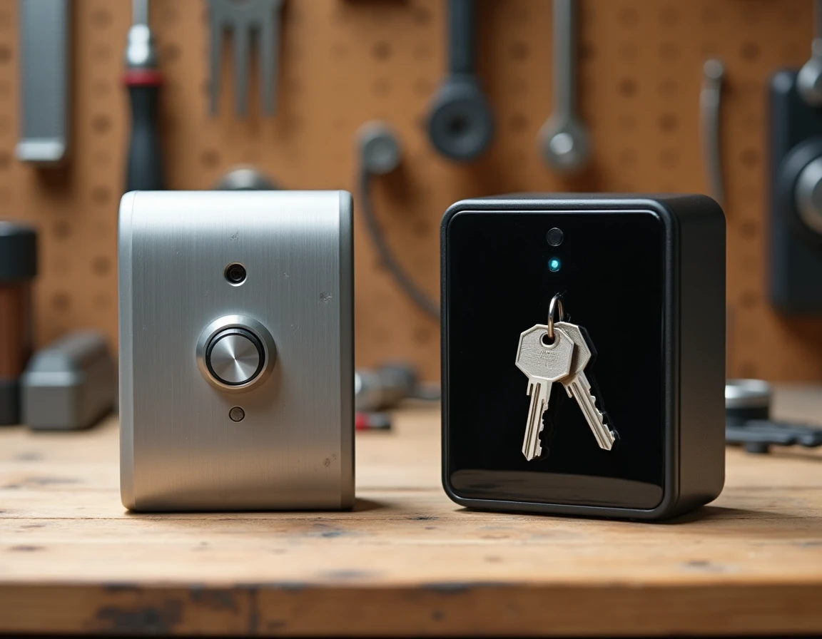 Comparaison côte à côte d'une boîte à clé mécanique et d'une boîte à clé électronique posées sur une table en bois avec des clés à l'intérieur