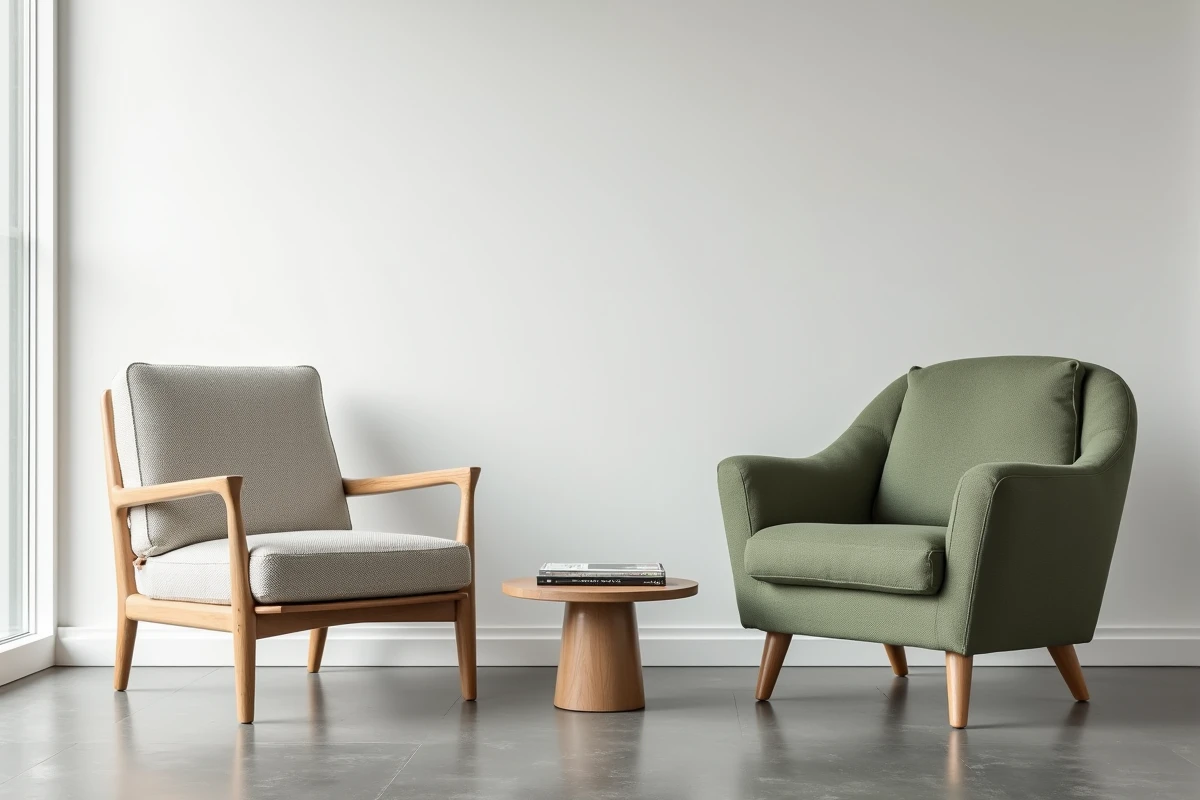 Comparaison d'un fauteuil de lecture design Japandi en bouleau et d'une bergère classique vert sauge dans un appartement contemporain