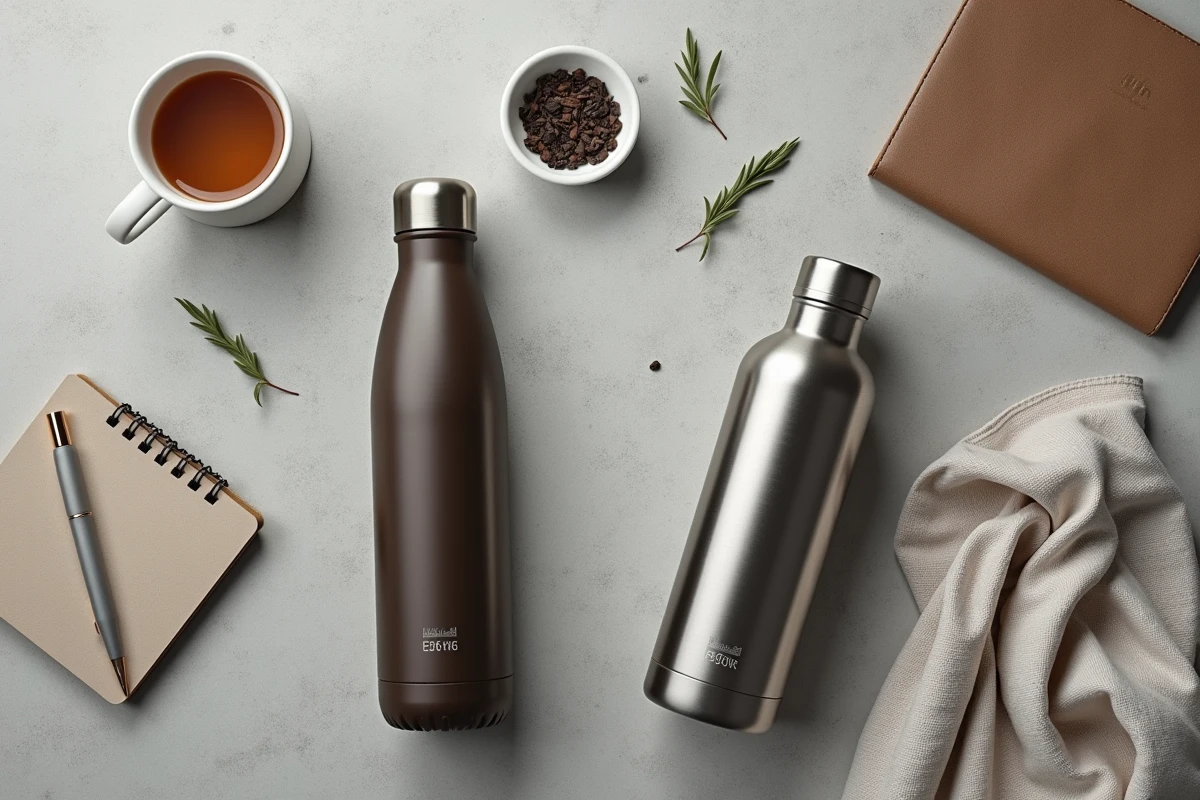 Comparaison à plat entre une gourde chauffante connectée et un thermos classique en inox sur surface en béton, style éditorial minimaliste