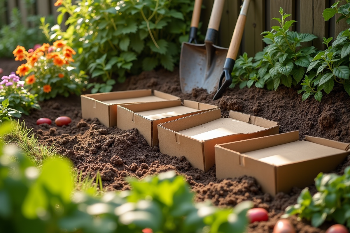 Compostage dans le jardin avec cartons et outils de jardinage
