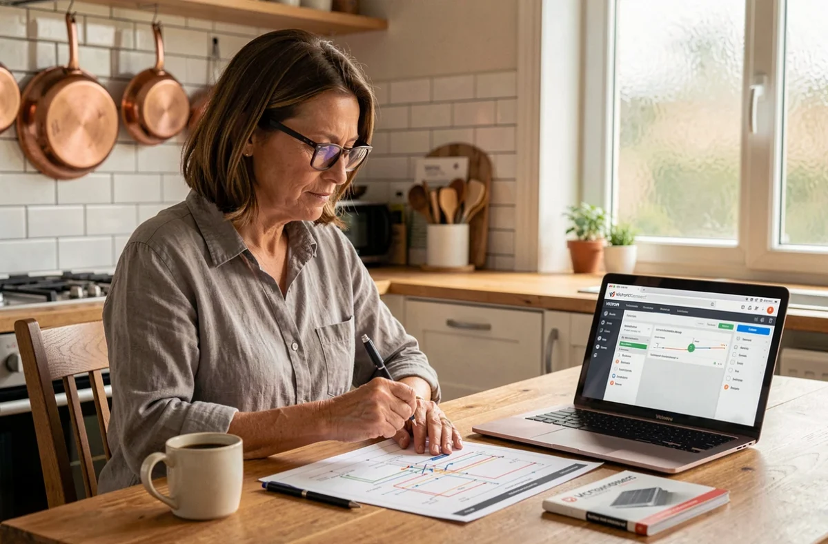 Femme consultant un schéma de câblage pour un kit solaire Victron à une table de cuisine avec ordinateur portable et catalogue