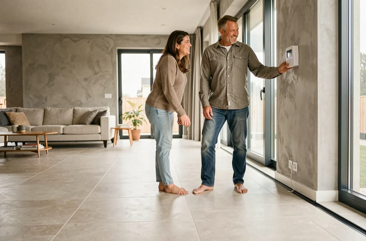 Couple pieds nus sur un carrelage de plancher chauffant dans un salon moderne et rénové