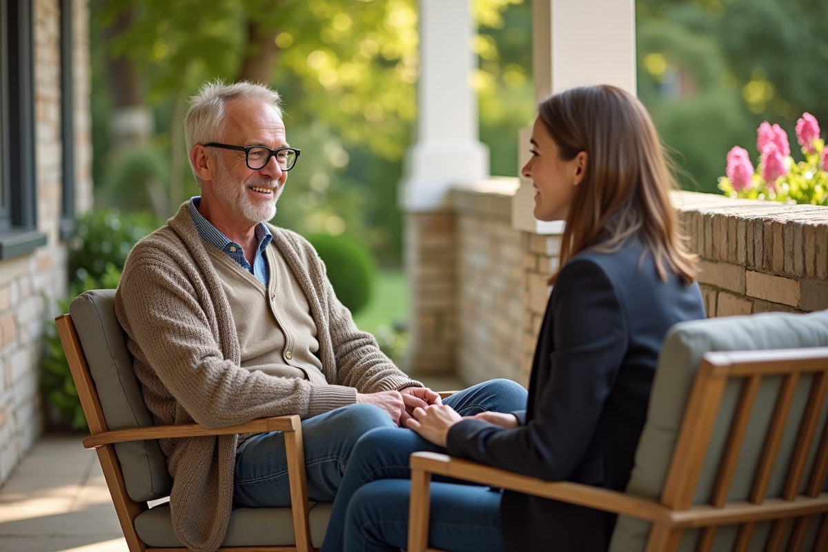 Senior homme discutant avec une conseillère dans un patio ensoleille