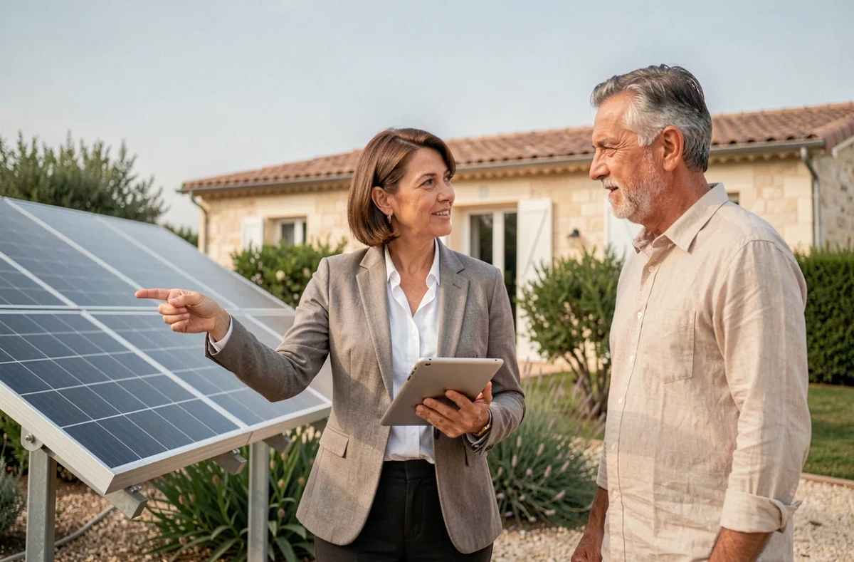 Conseillère en énergie solaire expliquant le coût d'installation à un propriétaire à Montpellier