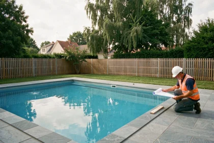 Vue grand angle d'une piscine résidentielle neuve en banlieue parisienne avec un constructeur consultant des plans, illustrant le marché des piscines en Seine-Saint-Denis