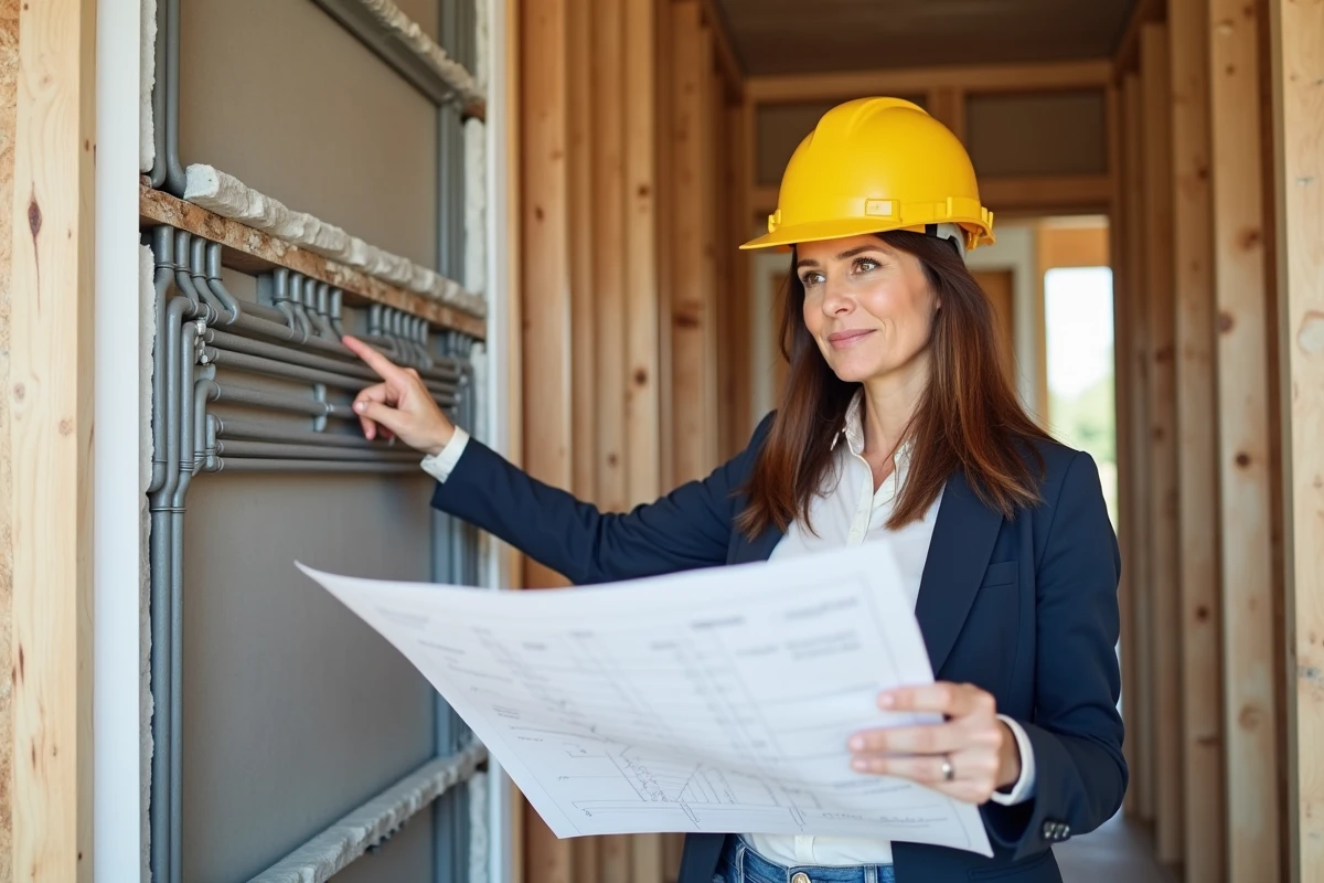Consultante en performance énergétique expliquant l'ordre d'installation électricité et isolation selon la réglementation RT 2026 sur un chantier neuf