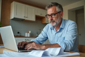 Homme consultant des devis de rénovation sur ordinateur portable entouré de plans et d'échantillons de matériaux
