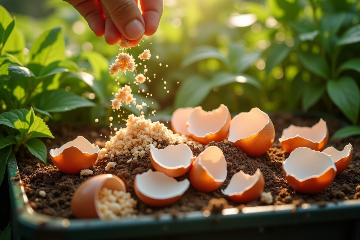 Coquilles d'oeufs cassées dans un composteur de jardin en plein air