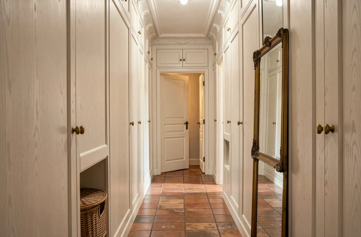 Couloir d'appartement parisien ancien transformé par des boiseries sur mesure en chêne peint blanc avec quincaillerie en laiton, mêlant moulures d'époque et menuiserie contemporaine.