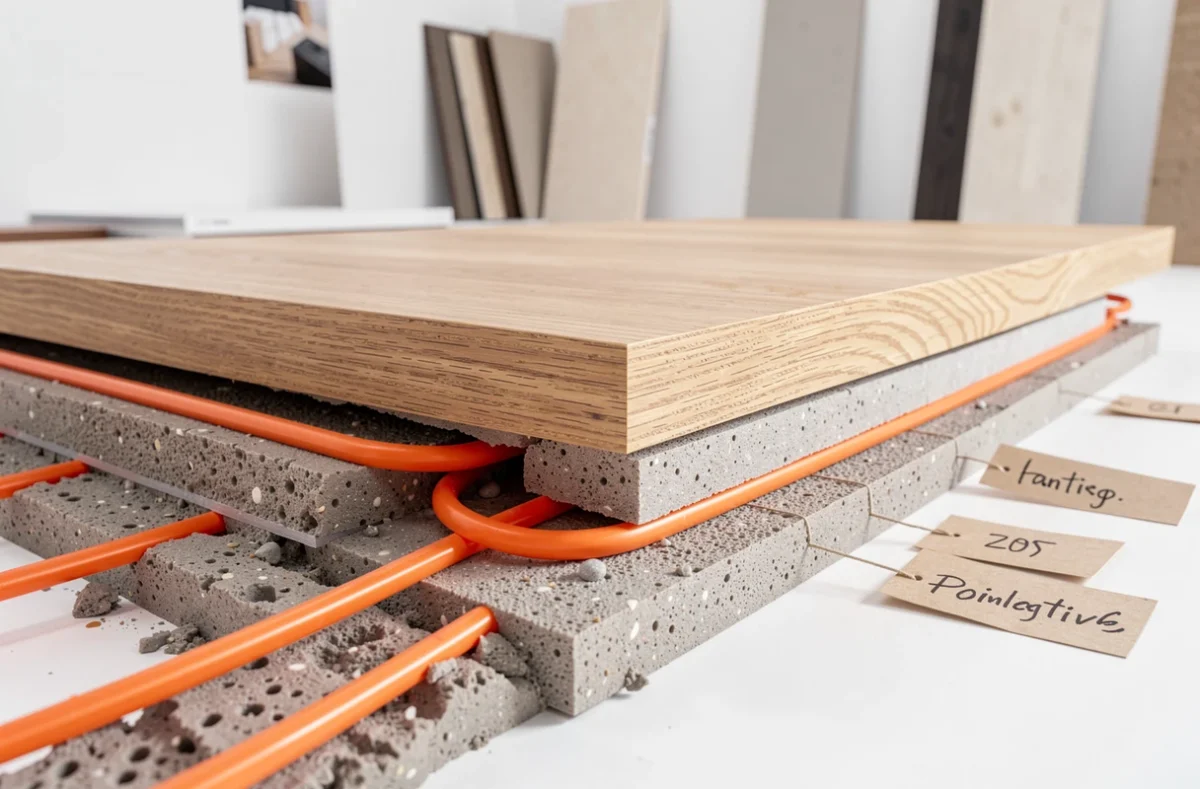Coupe transversale des couches d'une chape plancher chauffant avec isolation, tubes et revêtement bois