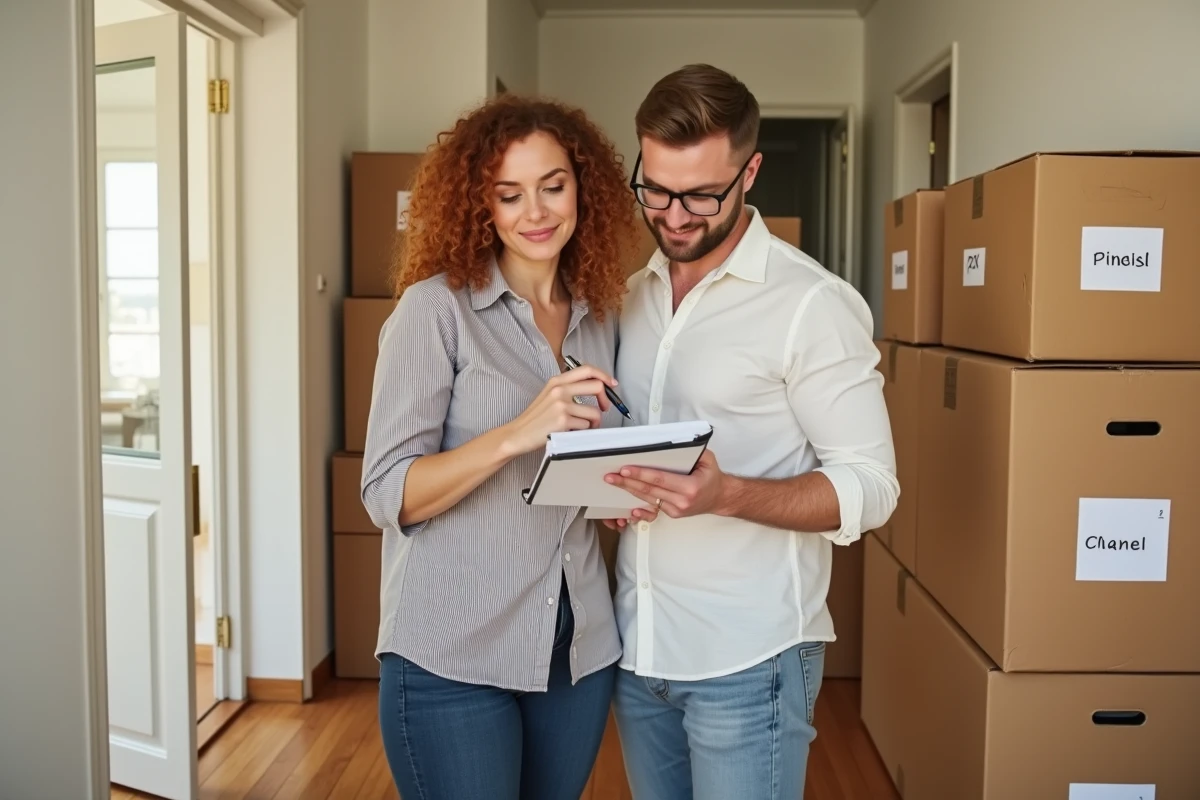Couple vérifiant ensemble une checklist de déménagement dans le couloir de leur nouveau appartement entouré de cartons