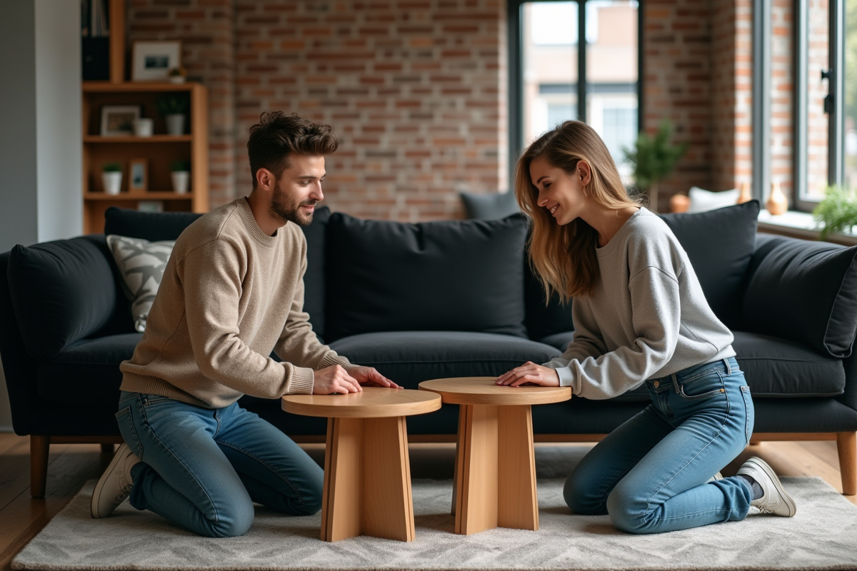 Jeune couple comparant deux tables basses dans un appartement lumineux