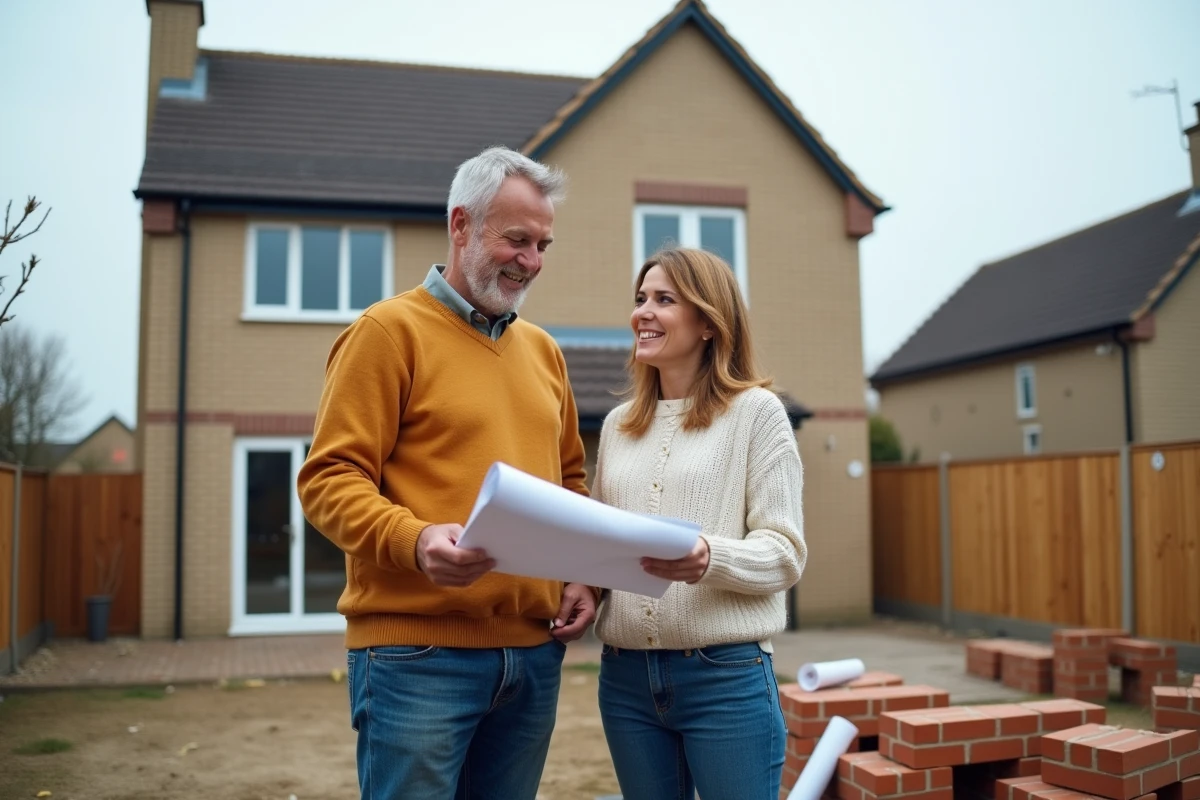 Couple regardant plans de construction d'une extension de maison