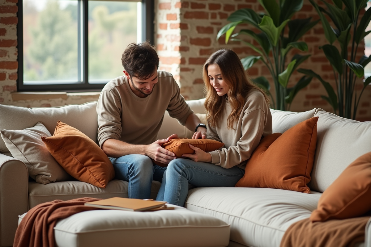 Jeune couple arrangeant des coussins dans un loft lumineux