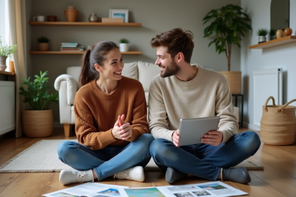 Jeune couple discutant chauffage dans salon moderne