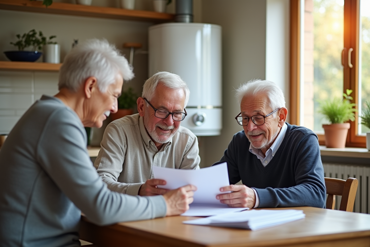 Couple agee consultent un conseiller energie avec une nouvelle chaudiere en fond