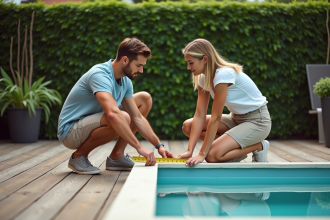 Jeune couple mesurant une petite piscine dans le jardin