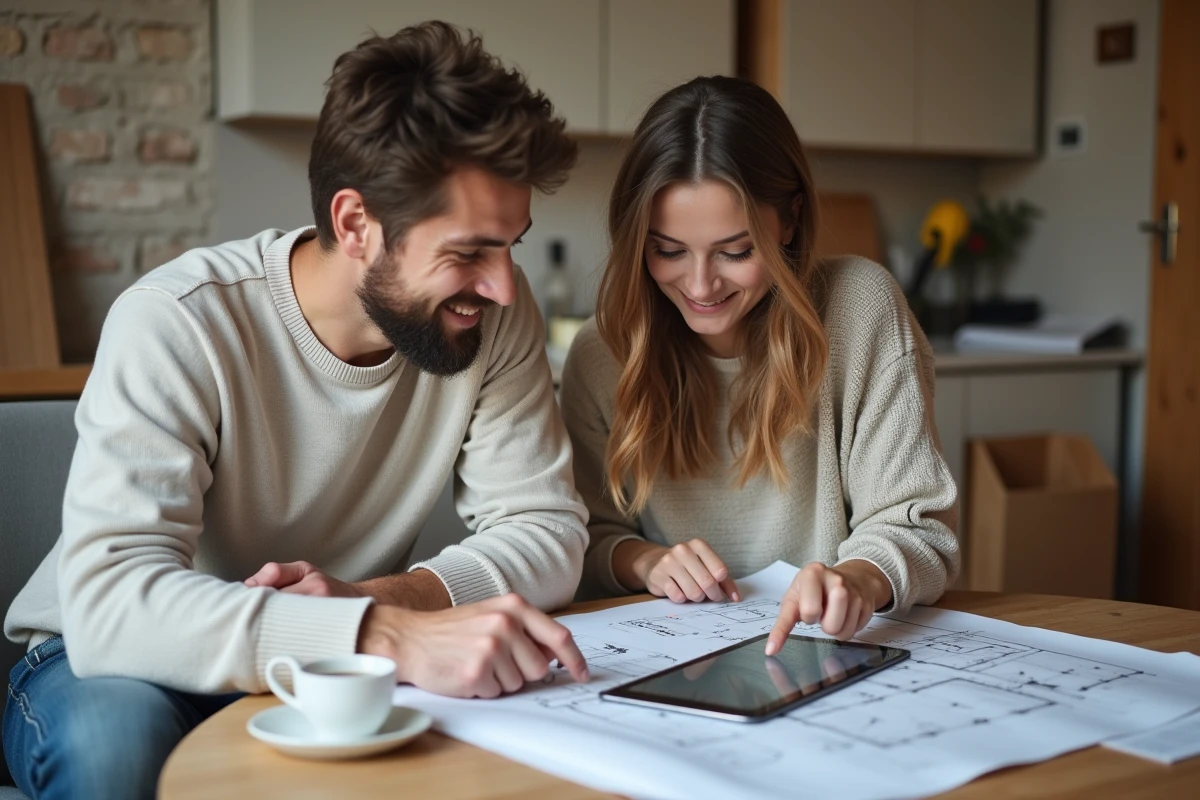 Jeune couple planifiant rénovation dans un appartement