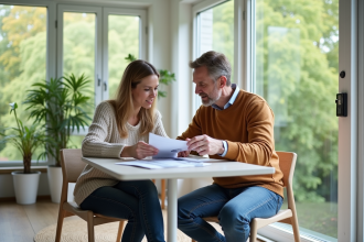 Couple de middleaged étudiant des documents financiers dans une veranda lumineuse