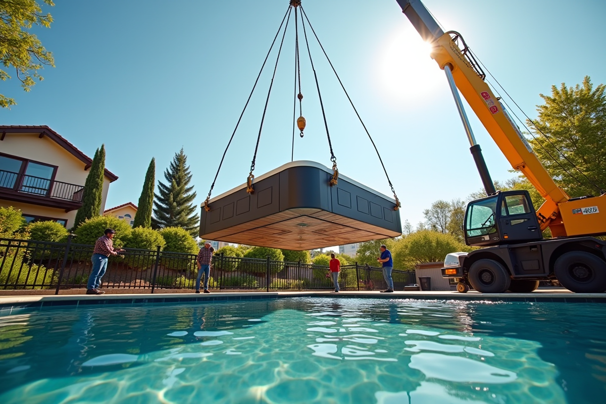 Un grue soulève un spa dans un jardin ensoleille
