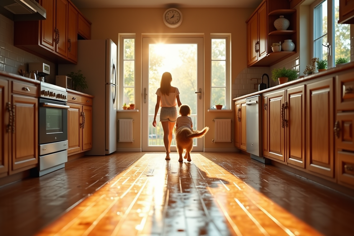 Cuisine chaleureuse avec famille et chien après pluie