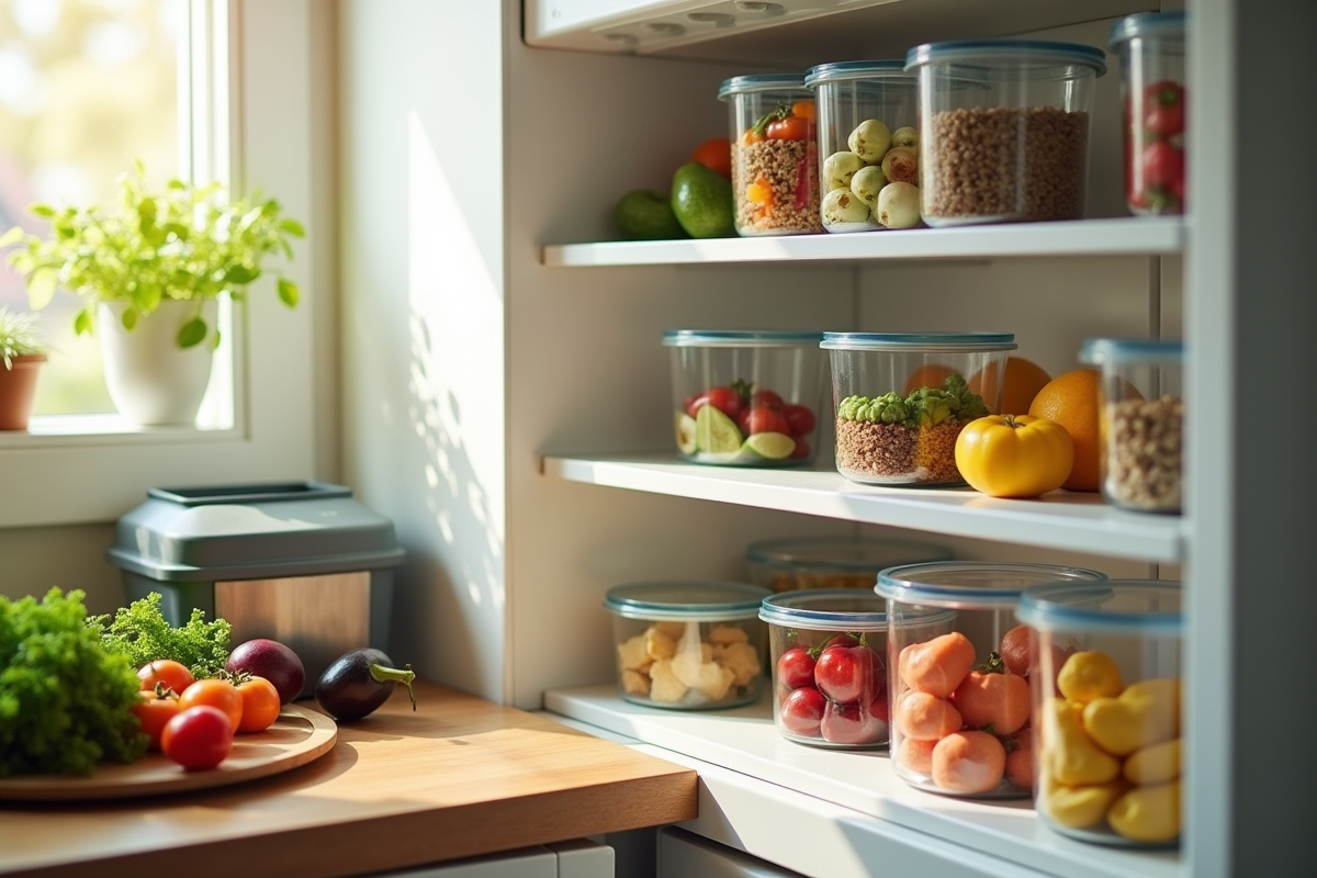 Cuisine familiale australienne avec aliments organisés dans le frigo