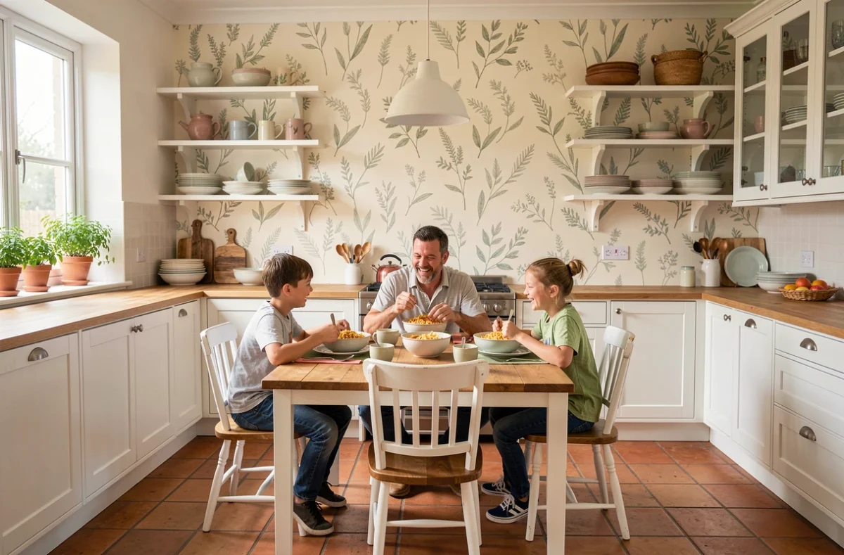 Cuisine familiale chaleureuse avec tapisserie lavable botanique en fond de salle à manger