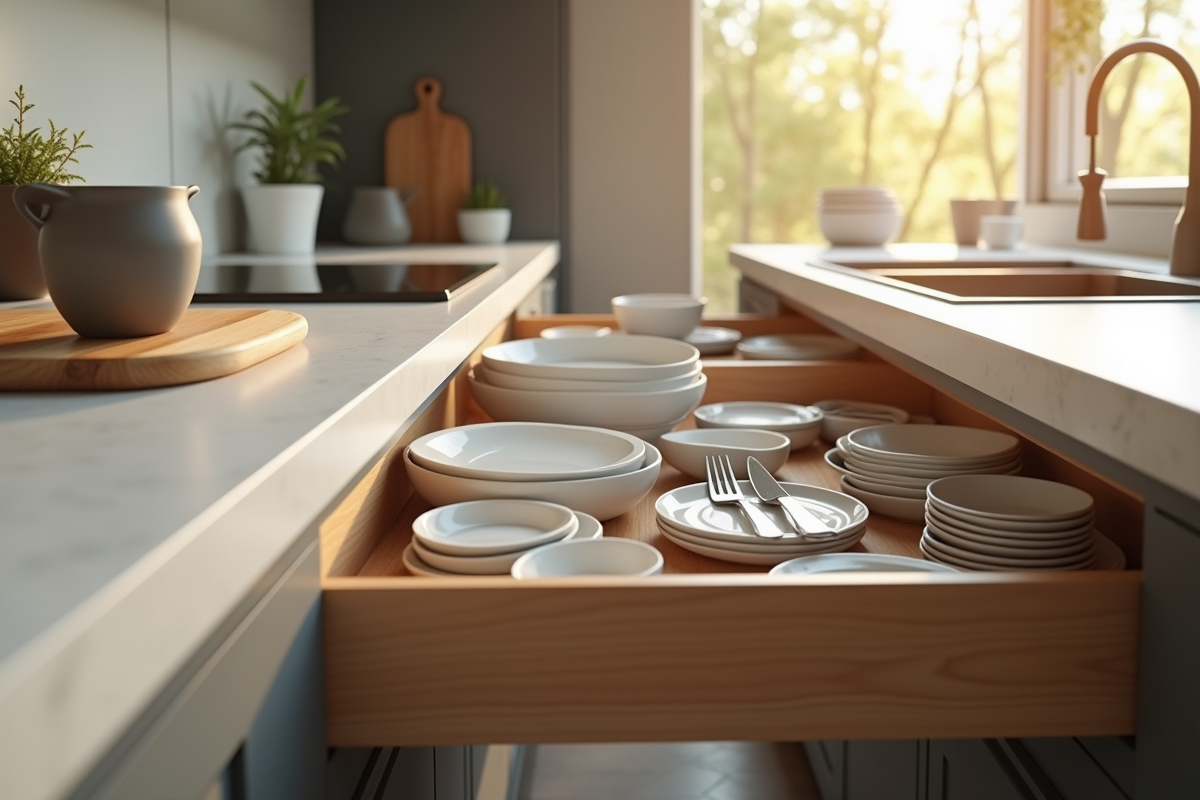 Tiroir de cuisine moderne organisé avec vaisselle lumineuse