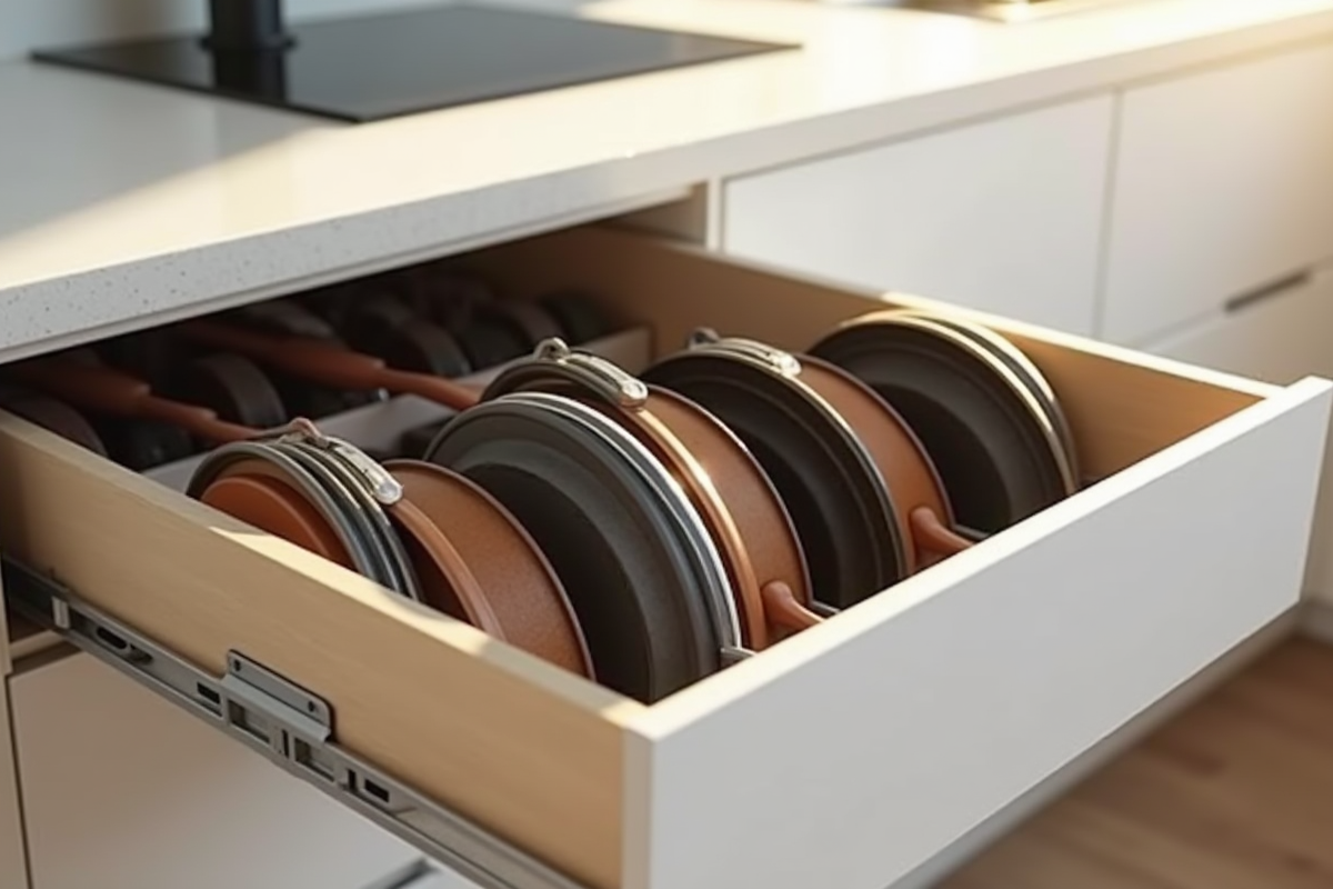 Tiroir de cuisine organisé avec couvercles de casseroles rangés
