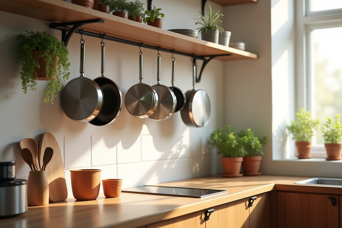 Couvercles de casseroles suspendus au mur dans une cuisine chaleureuse