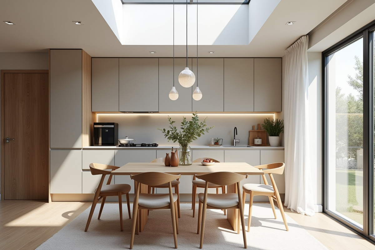 Cuisine scandinave compacte avec miroirs et lumière naturelle