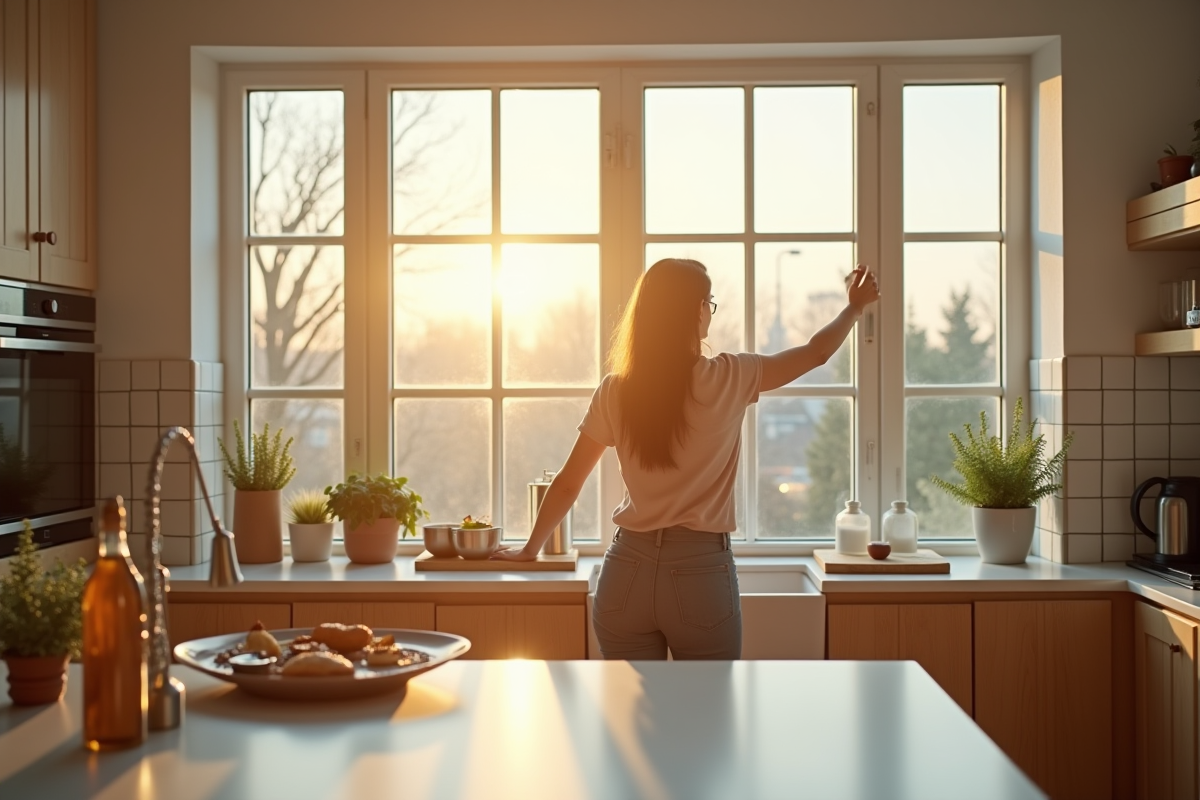 Personne ouvrant des fenêtres dans une cuisine lumineuse
