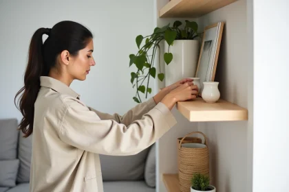 Femme arrangeant des objets décoratifs abordables sur une étagère en bois dans un salon minimaliste de style scandinave