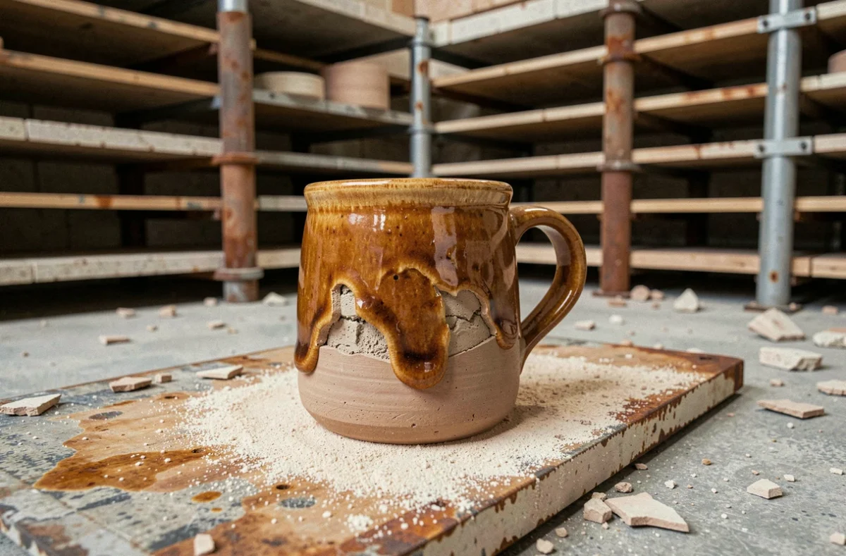 Tasse en céramique sortant du four avec des défauts d'émail visibles : rétraction et zones non recouvertes sur l'argile
