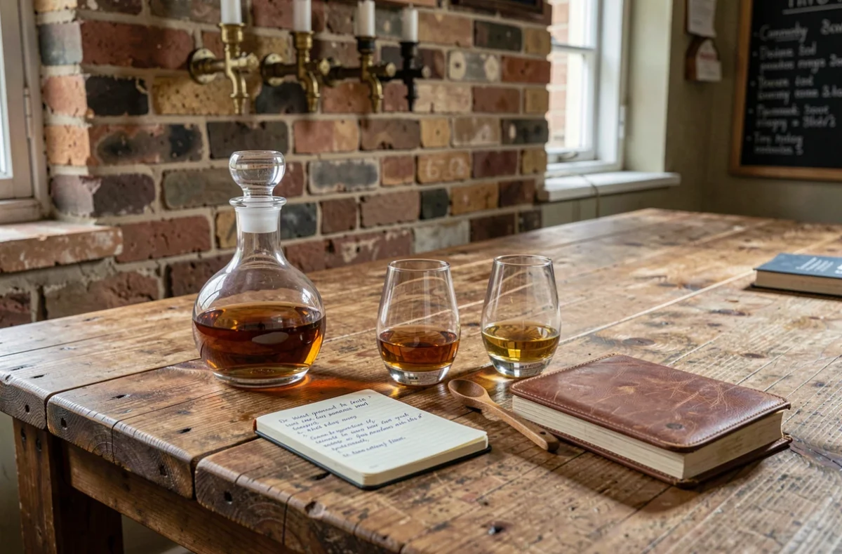 Table de dégustation de whisky avec carafe vintage, verres et notes manuscrites dans un pub écossais authentique
