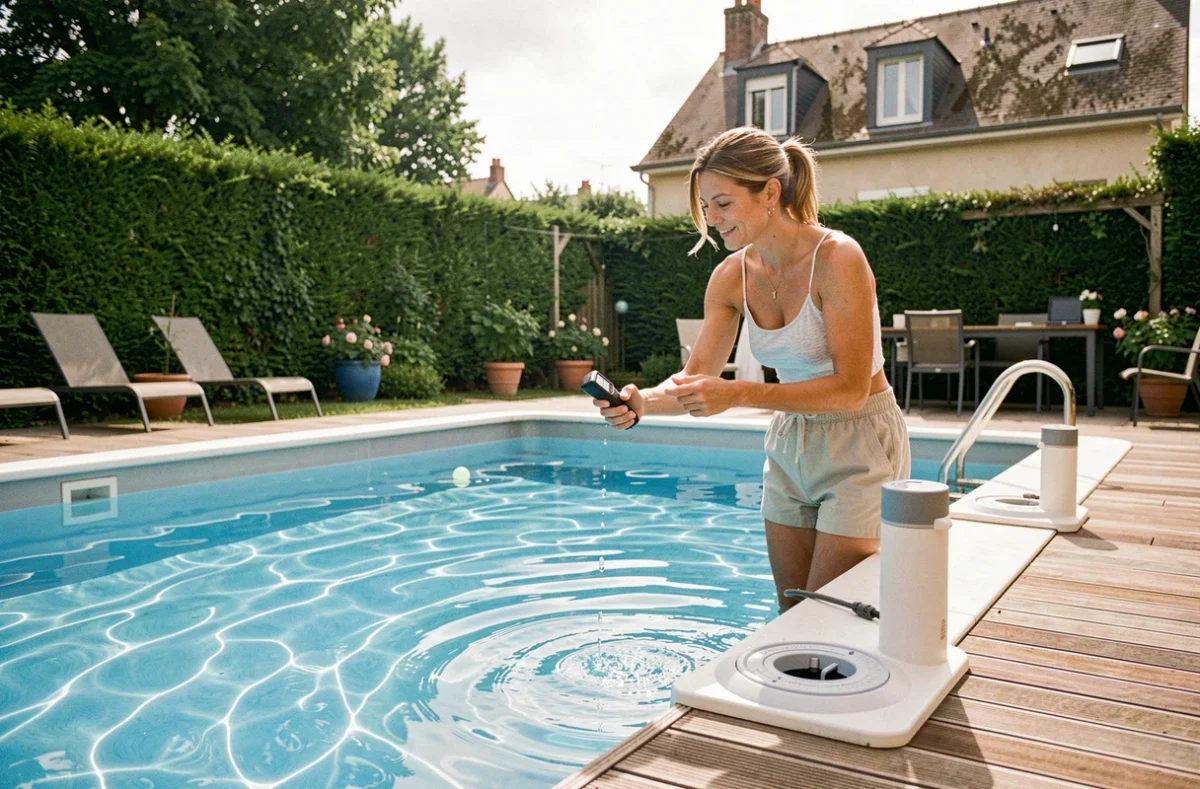 Propriétaire testant la qualité de l'eau de sa piscine Desjoyaux installée dans un jardin pavillonnaire francilien, avec le système de filtration intégré visible en bordure de bassin
