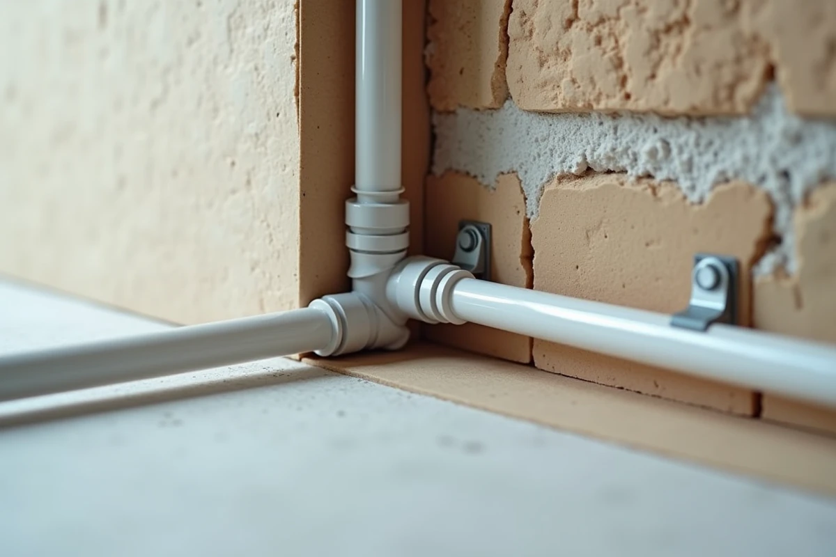 Détail de l'intégration des conduits électriques entre les couches d'isolation thermique rigide dans un mur conforme aux exigences RT 2026