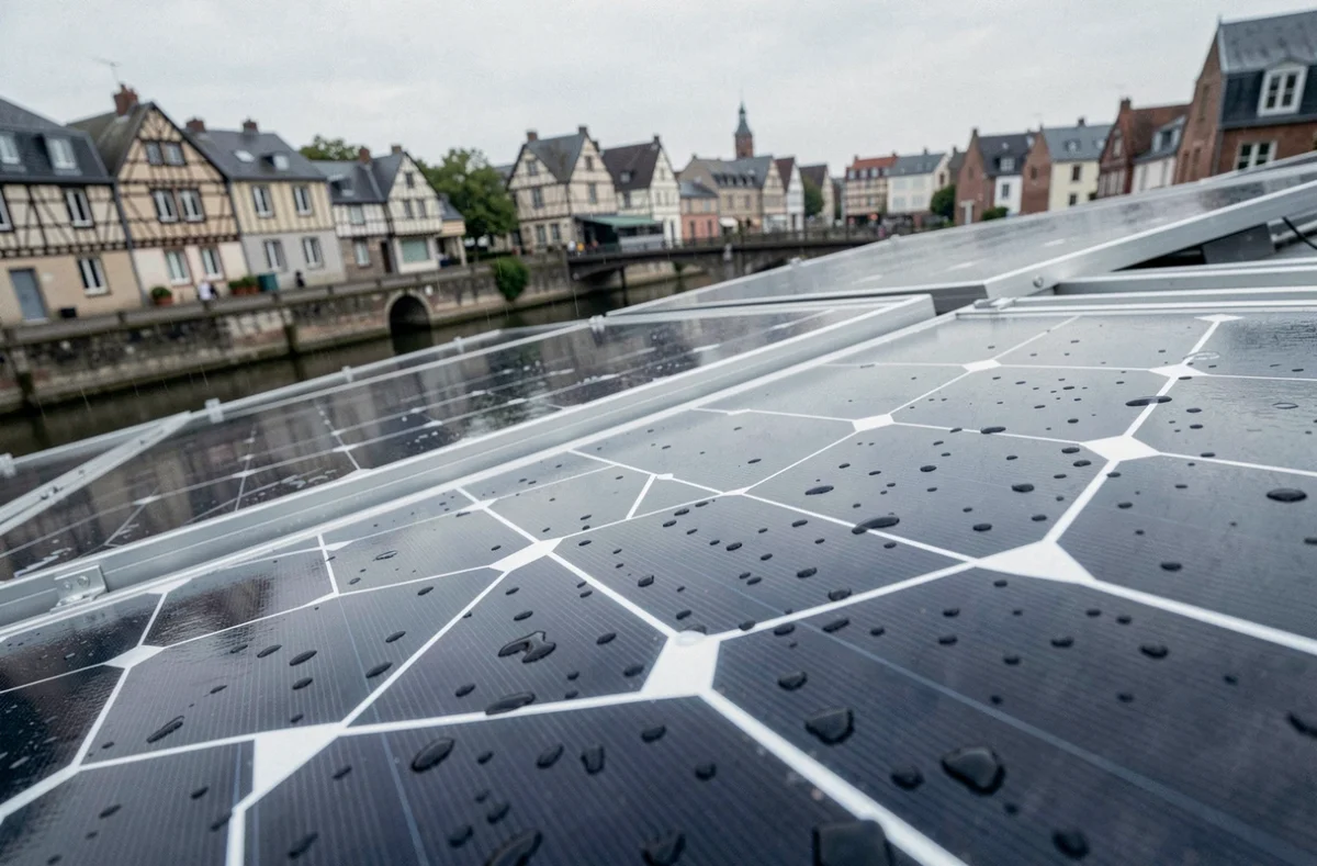 Détail de panneaux solaires monocristallins installés sur un toit résidentiel à Rouen avec vue sur la Seine